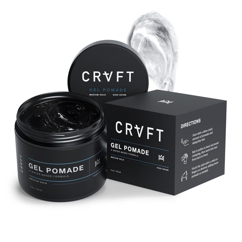 Hair Craft Co. jar front view showing clear CRVFT pomade and branding benefit: clean look