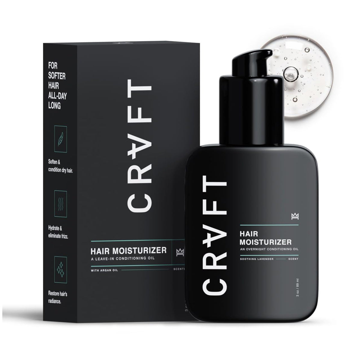 Hair Craft Co. front packaging shows 3oz CRVFT oil and AM scent benefit