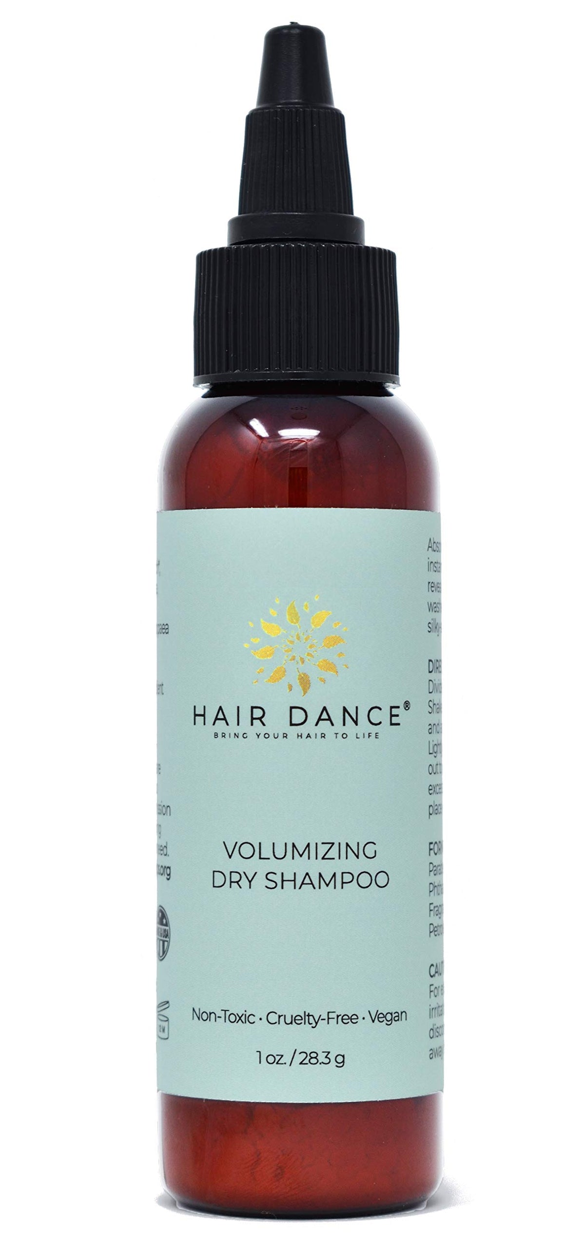 Hair Dance front bottle showing lavender-scented dry shampoo and portability benefit