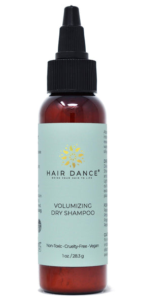Hair Dance front bottle showing lavender-scented dry shampoo and portability benefit