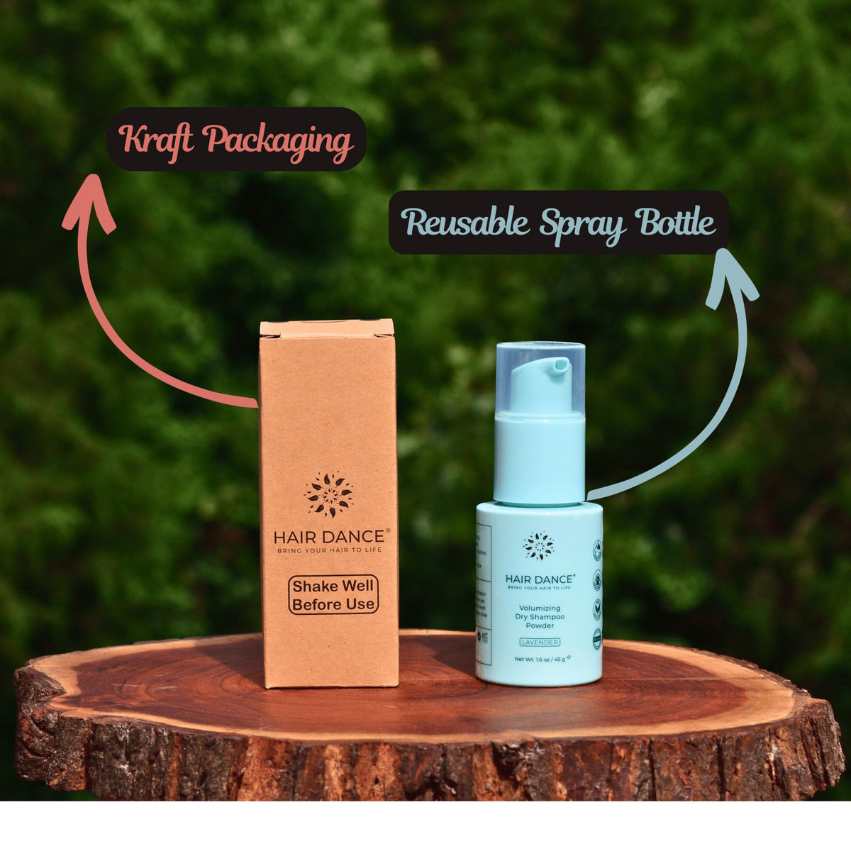 Hair Dance sustainable packaging close-up emphasizing refillable design
