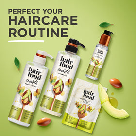 Hair Food shampoo on bathroom shelf in a styled setting suggesting daily routine use