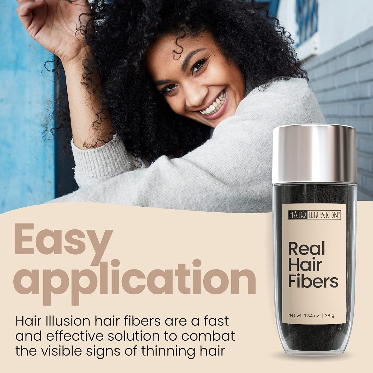 Hair Illusion application with applicator demonstrating precise coverage and quick results