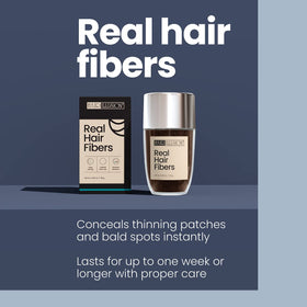 Hair Illusion fibers covering beard patch, refines and thickens facial hair appearance
