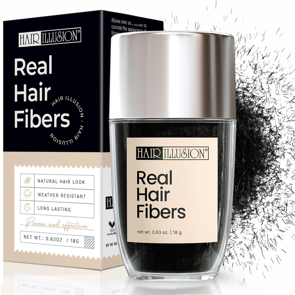 Hair Illusion front packaging showing black fibers and brand benefit