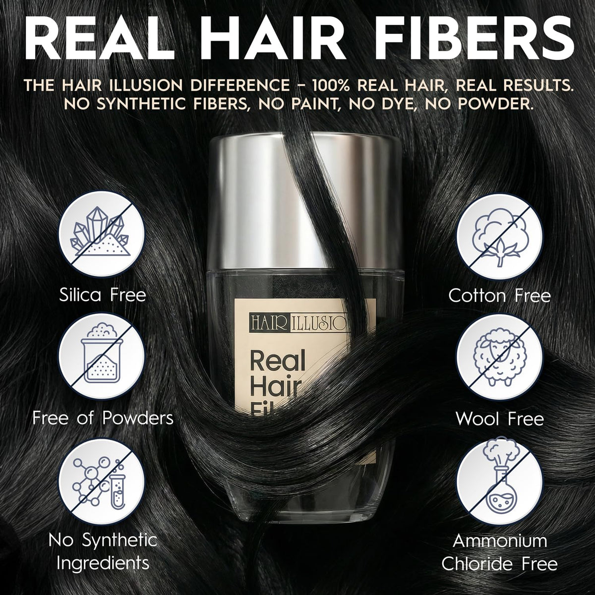 Hair Illusion open cap revealing natural black hair fibers for easy use