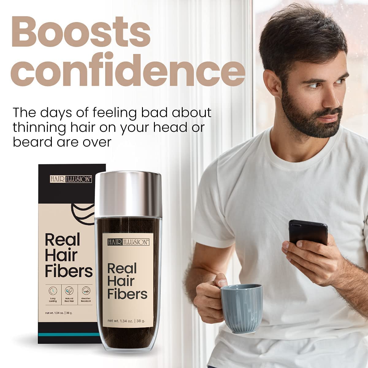 Hair Illusion close-up of dark brown fibers showing realistic texture and blend