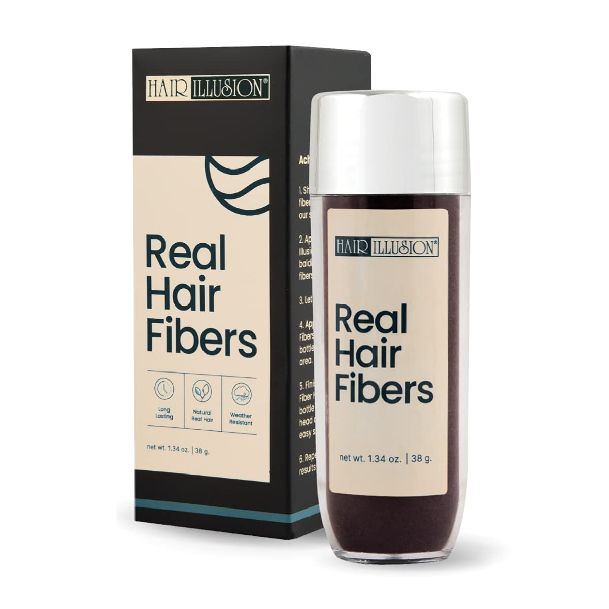 Hair Illusion front bottle showing 38g natural hair fibers benefit concealment