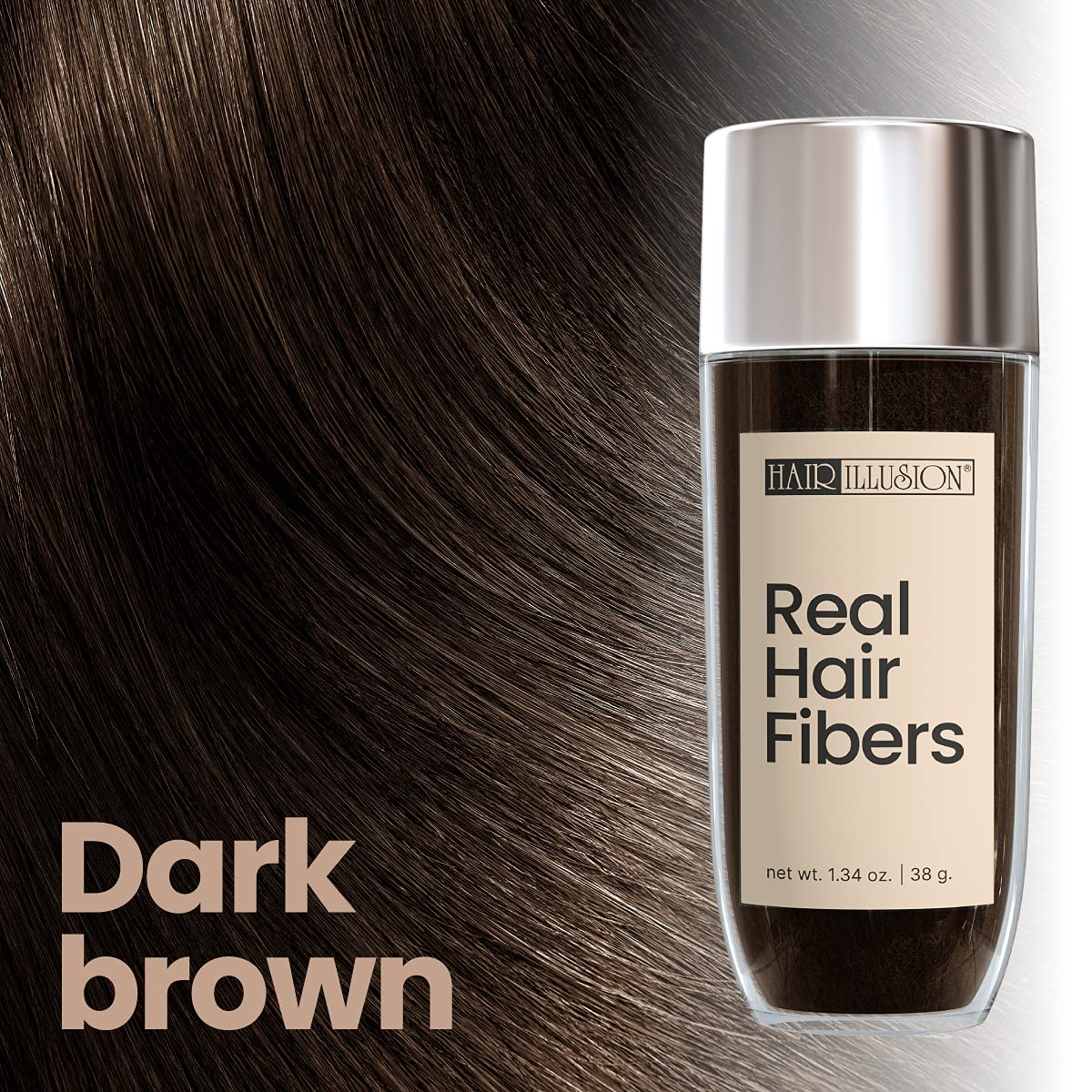 Hair Illusion 38g brown fiber bottle close-up highlighting natural texture and blend benefit