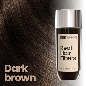 Hair Illusion 38g brown fiber bottle close-up highlighting natural texture and blend benefit