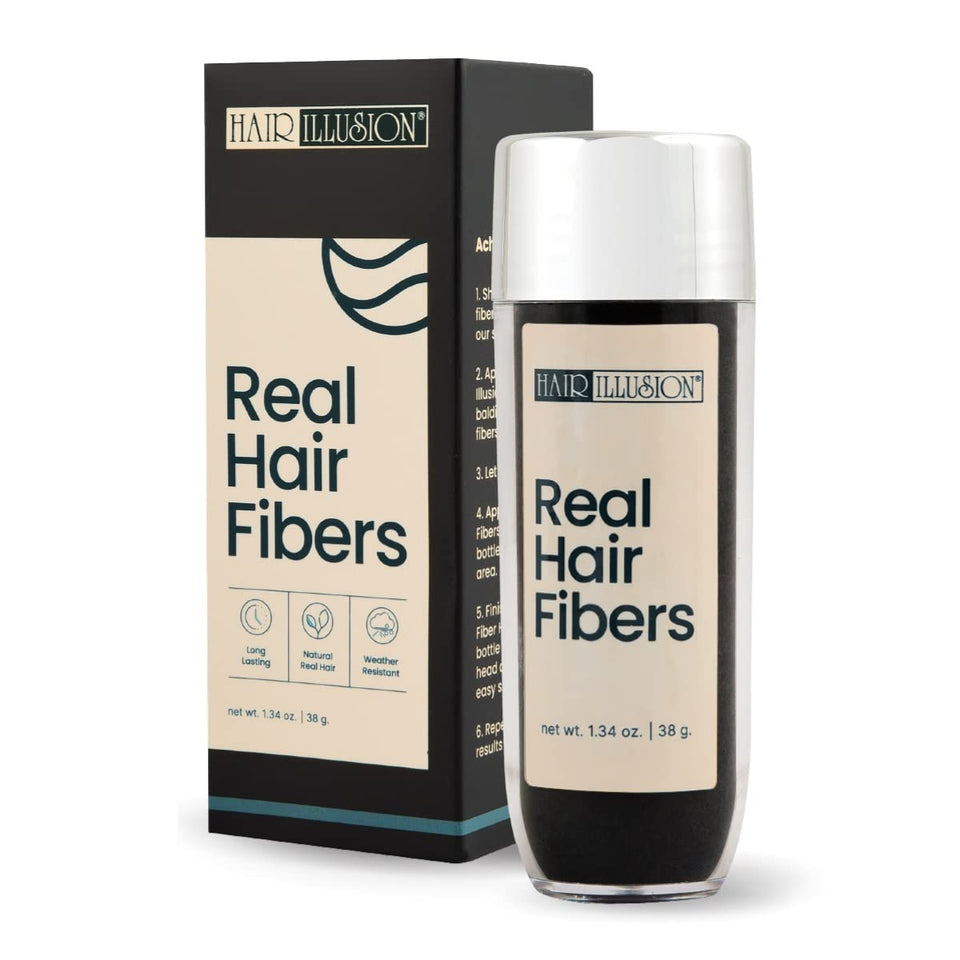 Hair Illusion front bottle Jet Black showing large 38 g pack and easy use benefit