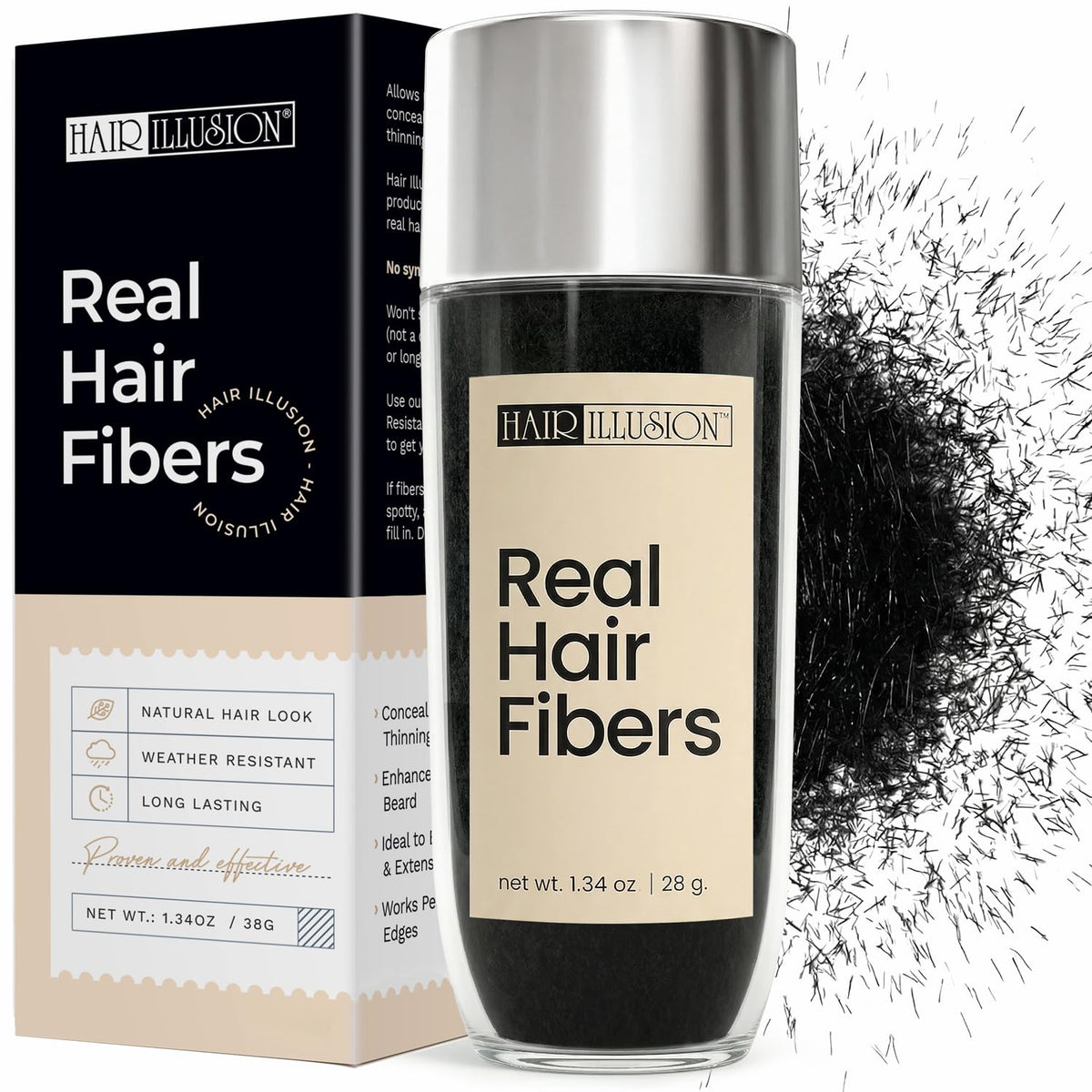 Hair Illusion front packaging showing 38g jar and product branding for neat storage