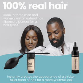 Hair Illusion model applying fibers in a lifestyle setting for quick confidence-boosting results