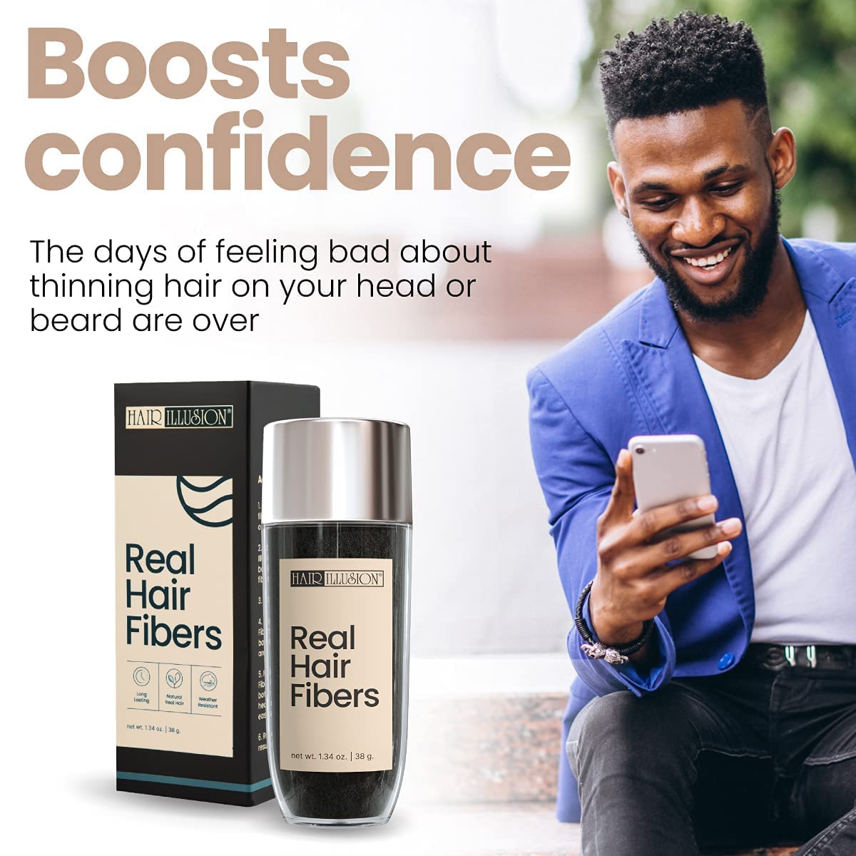Hair Illusion open container displaying natural hair fibers and realistic texture