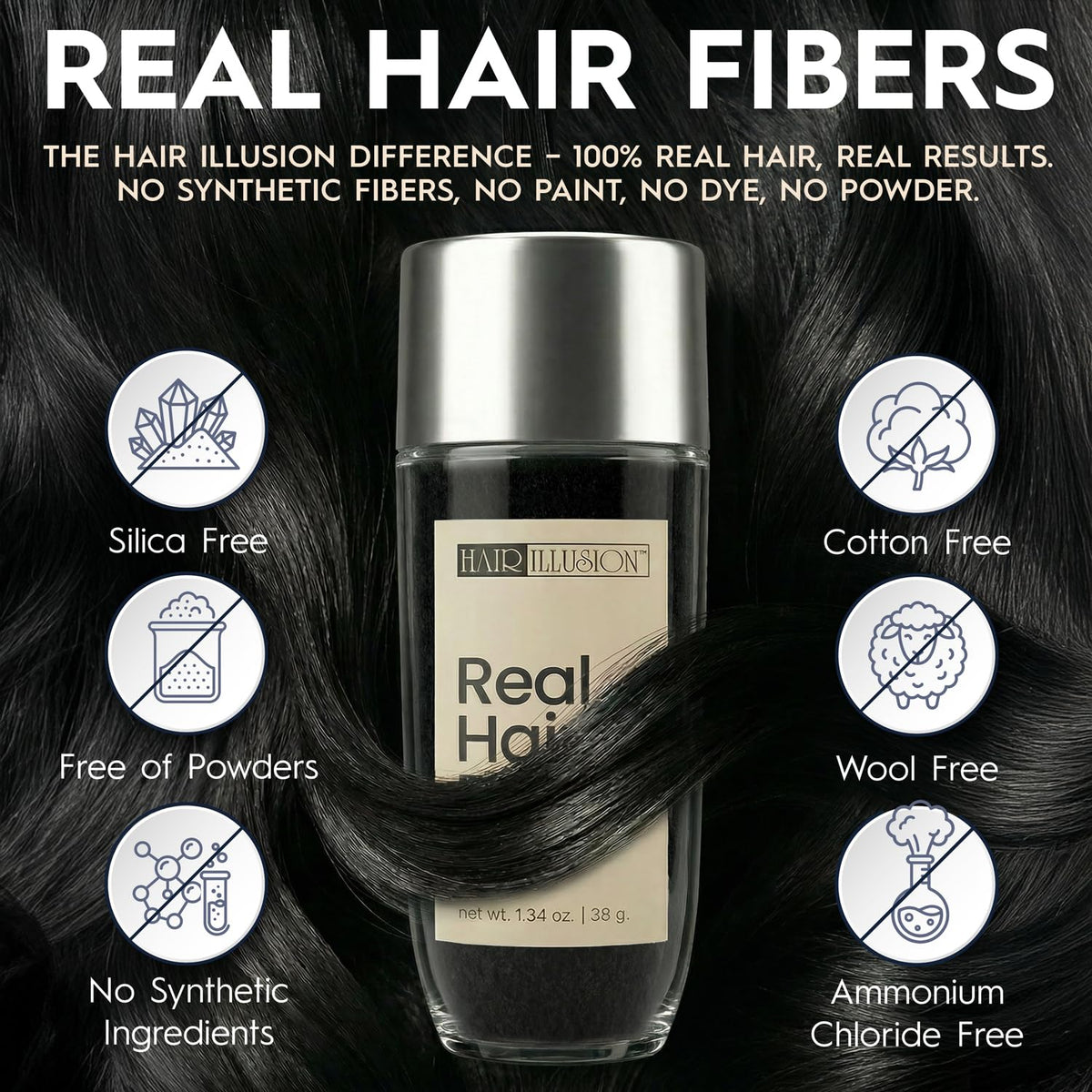 Hair Illusion open jar with visible black fibers ready for application and easy dosing