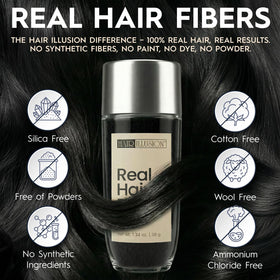 Hair Illusion open jar with visible black fibers ready for application and easy dosing