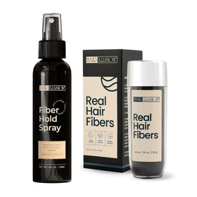 Hair Illusion jar front view showing black fibers and clear labeling for natural coverage