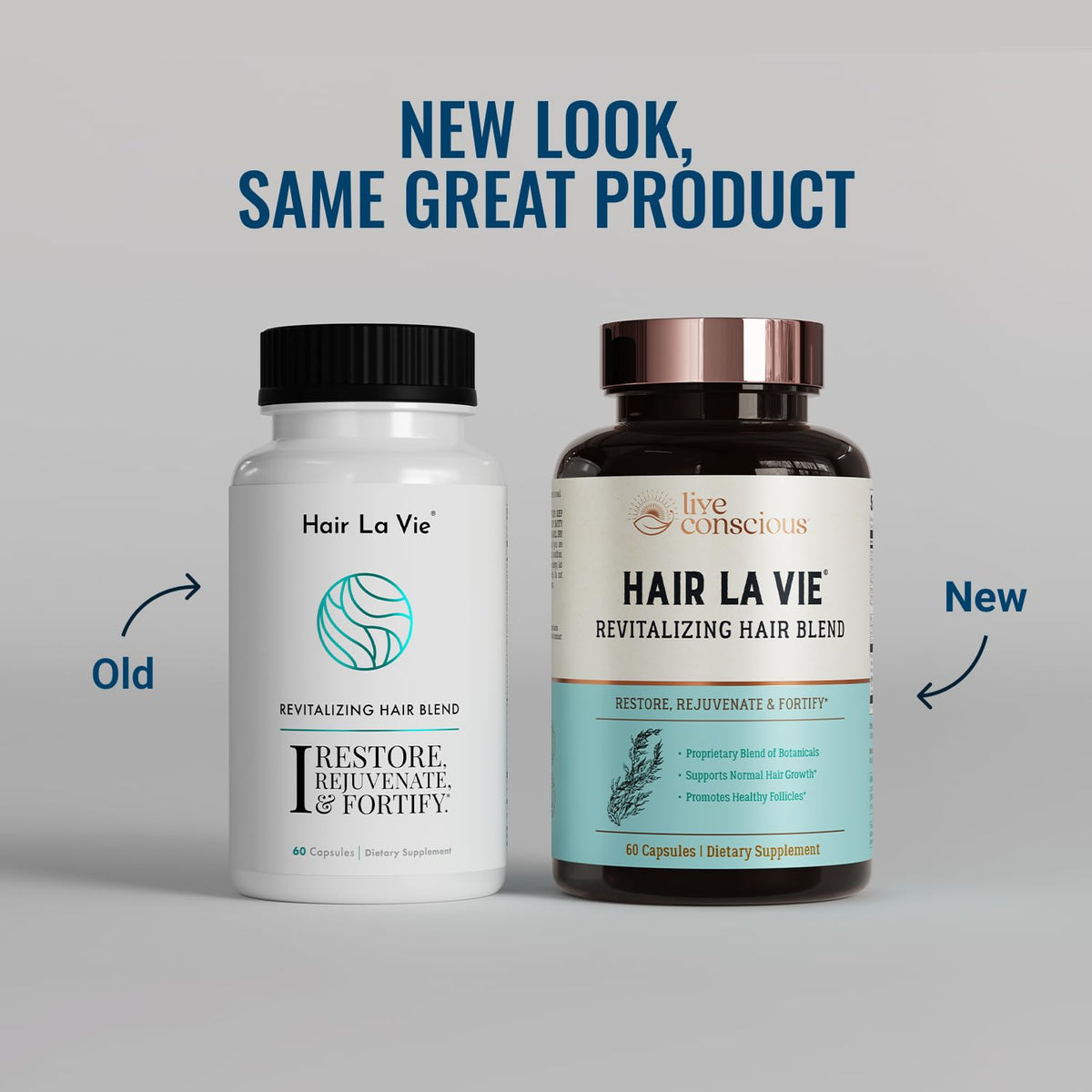 Hair La Vie bottle open with capsules spilling, easy daily use benefit