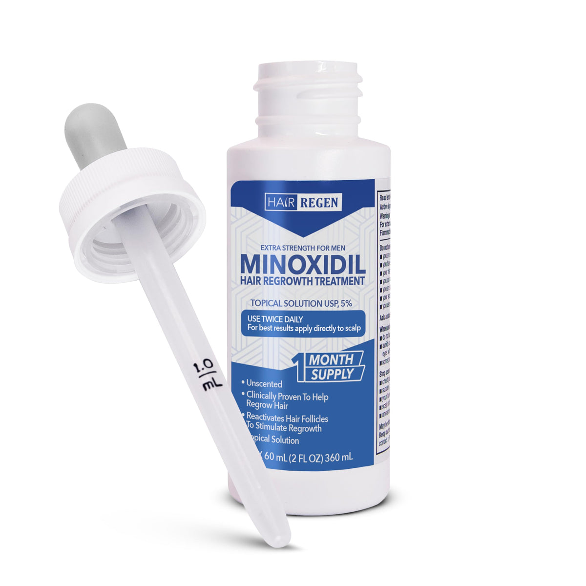 Hair Regen dropper close-up with solution, precision dosing for targeted application