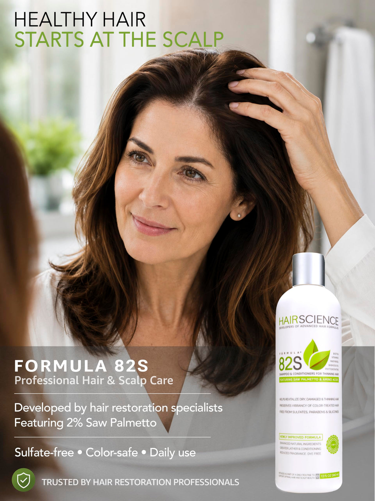 Hair Science label close-up highlighting saw palmetto and biotin benefits