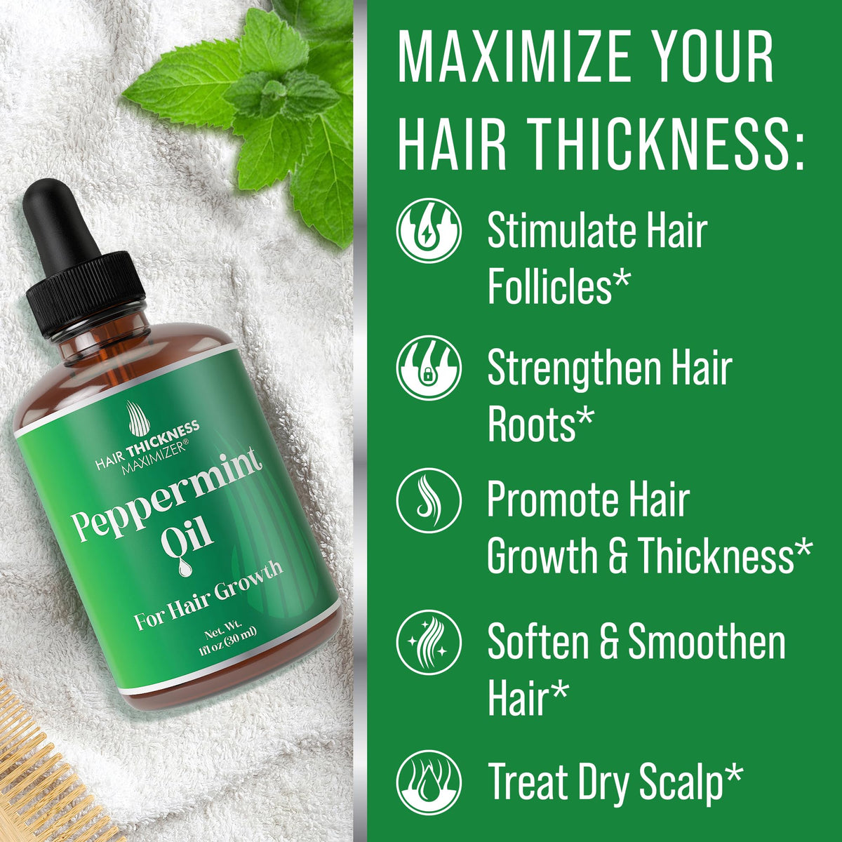 Hair Thickness Maximizer dropper applying oil to fingers for precise dosing