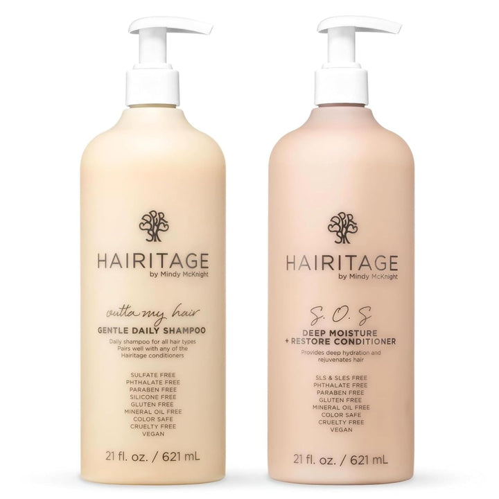 Hairitage front packaging two 21oz bottles showing set and scent benefits
