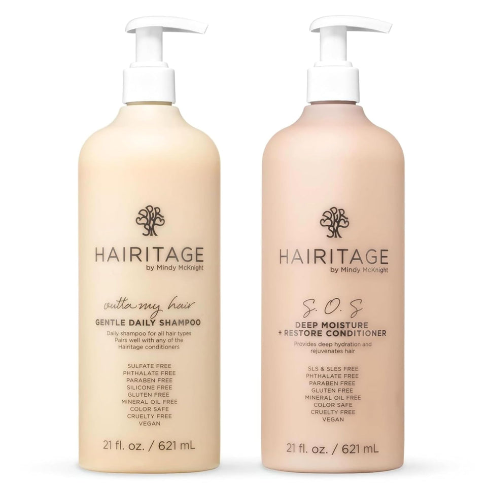 Hairitage front packaging two 21oz bottles showing set and scent benefits