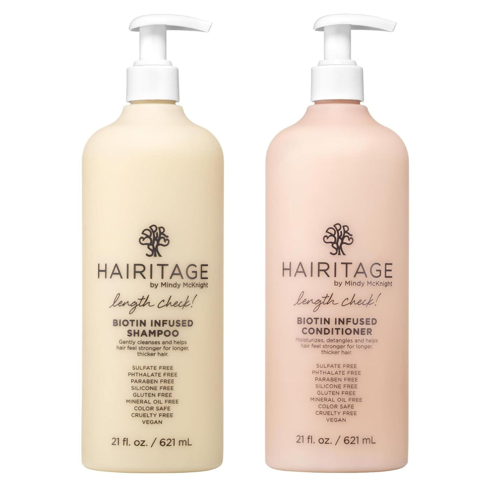 Hairitage front packaging bottles showing the full biotin duo and benefits