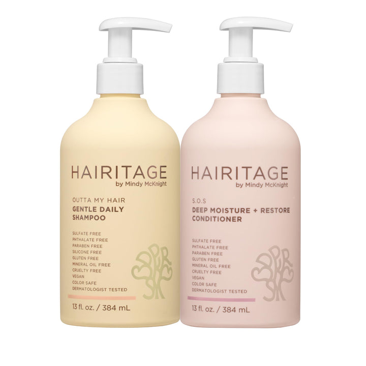 Hairitage front packaging showing shampoo and conditioner, appealing and informative
