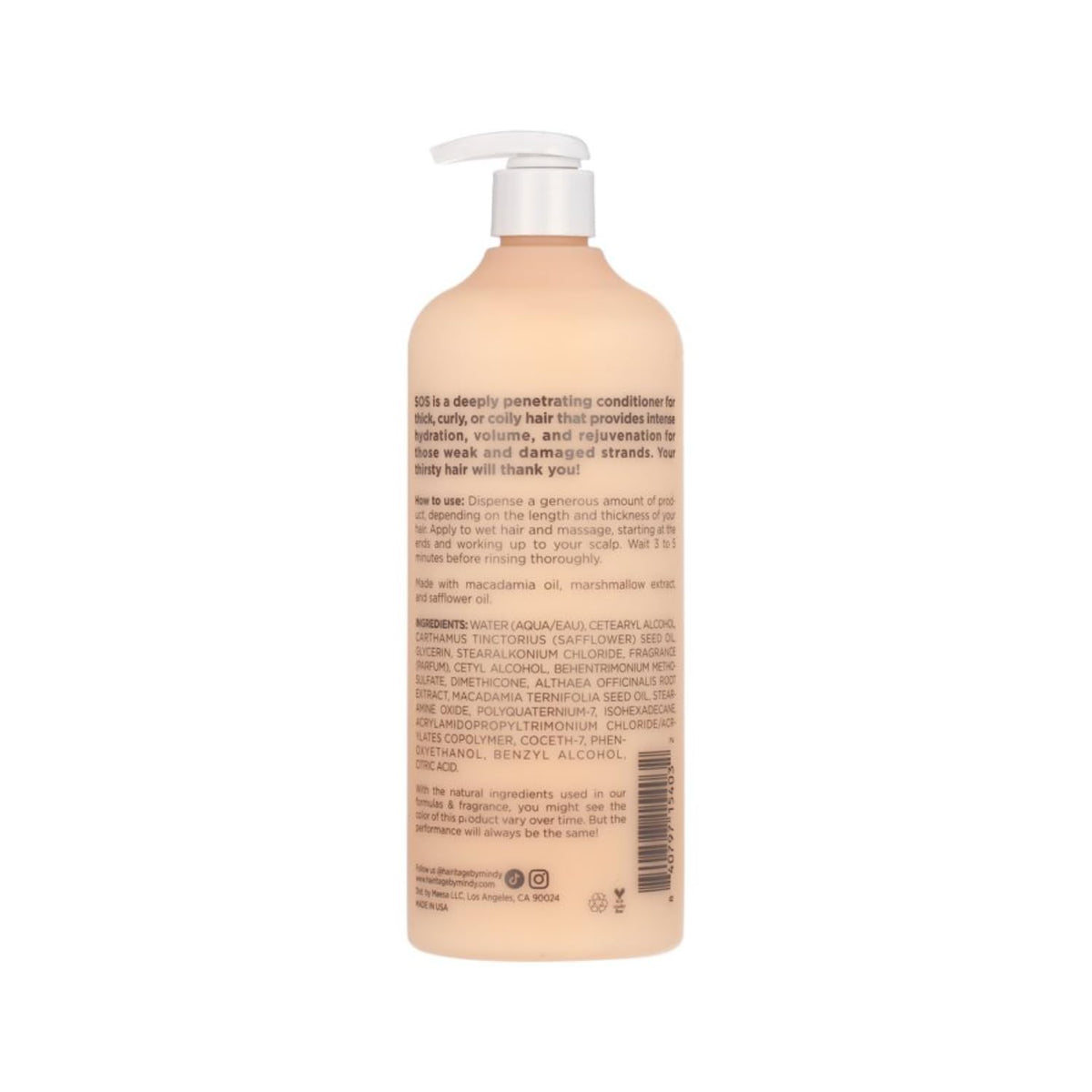 Hairitage label close-up listing safflower, macadamia, marshmallow extract benefits