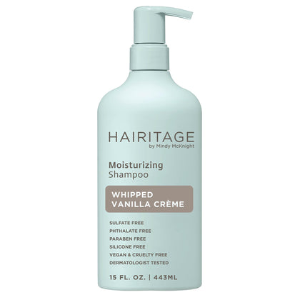 Hairitage front bottle displaying vanilla shampoo and clear labeling benefit