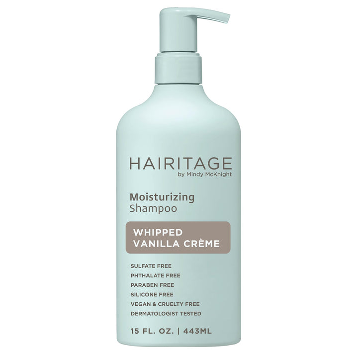 Hairitage front bottle displaying vanilla shampoo and clear labeling benefit