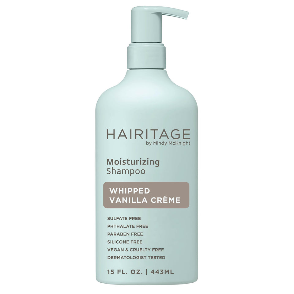 Hairitage front bottle displaying vanilla shampoo and clear labeling benefit