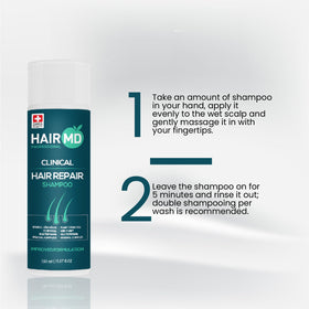 HairMD bottle size comparison next to hand showing convenient 250ml travel-friendly volume