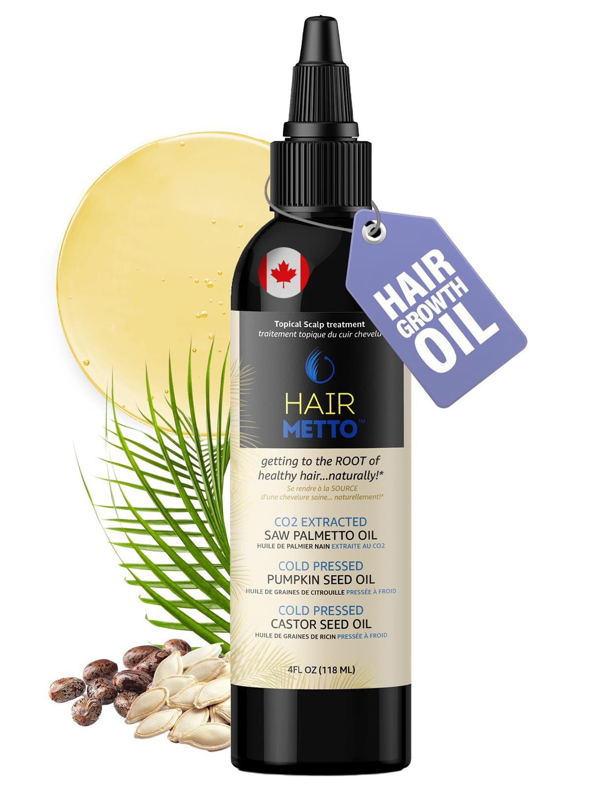 HAIRMETTO front packaging showing 4oz bottle and benefits