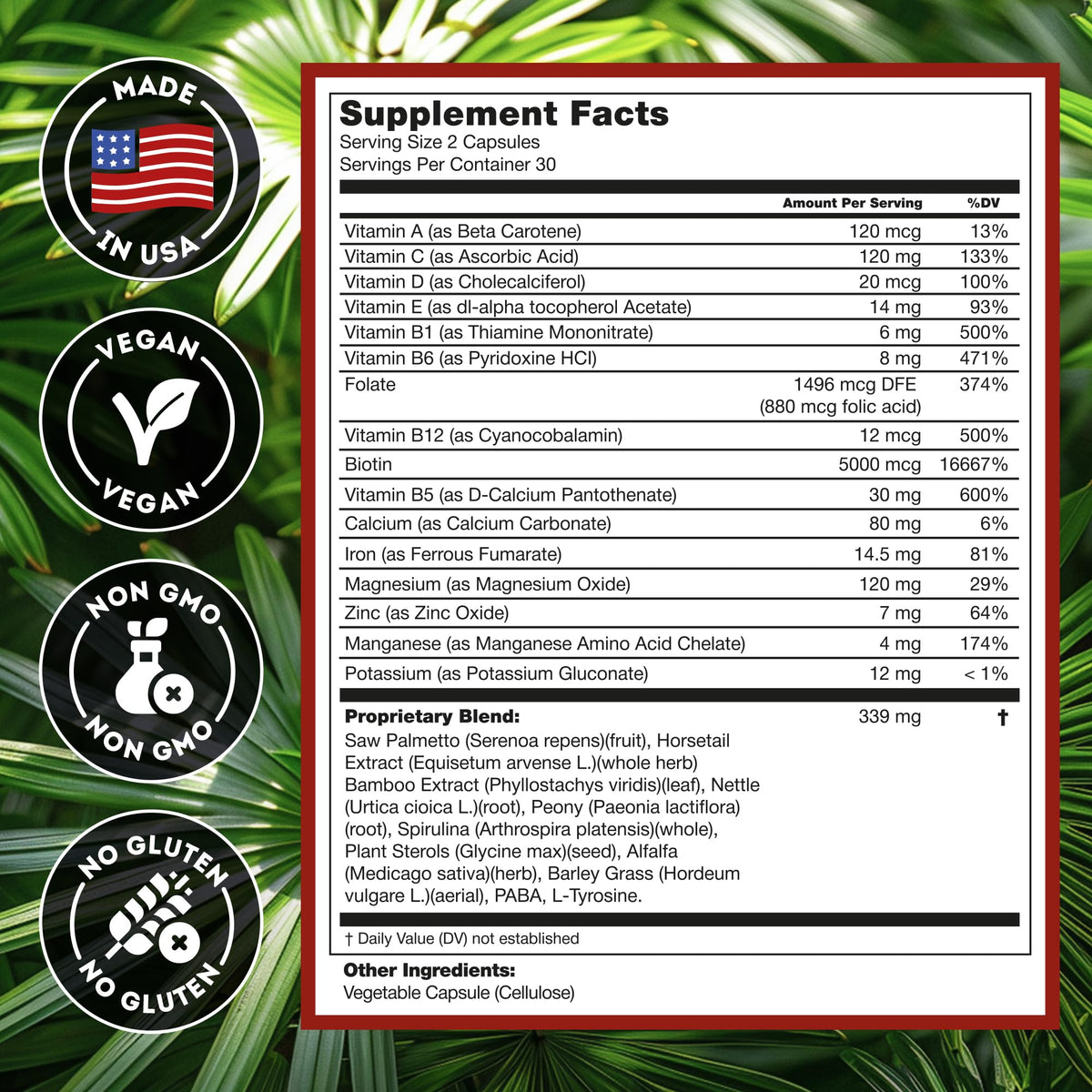 Hairo Nutrition label ingredients detail clearly showing saw palmetto and biotin benefits