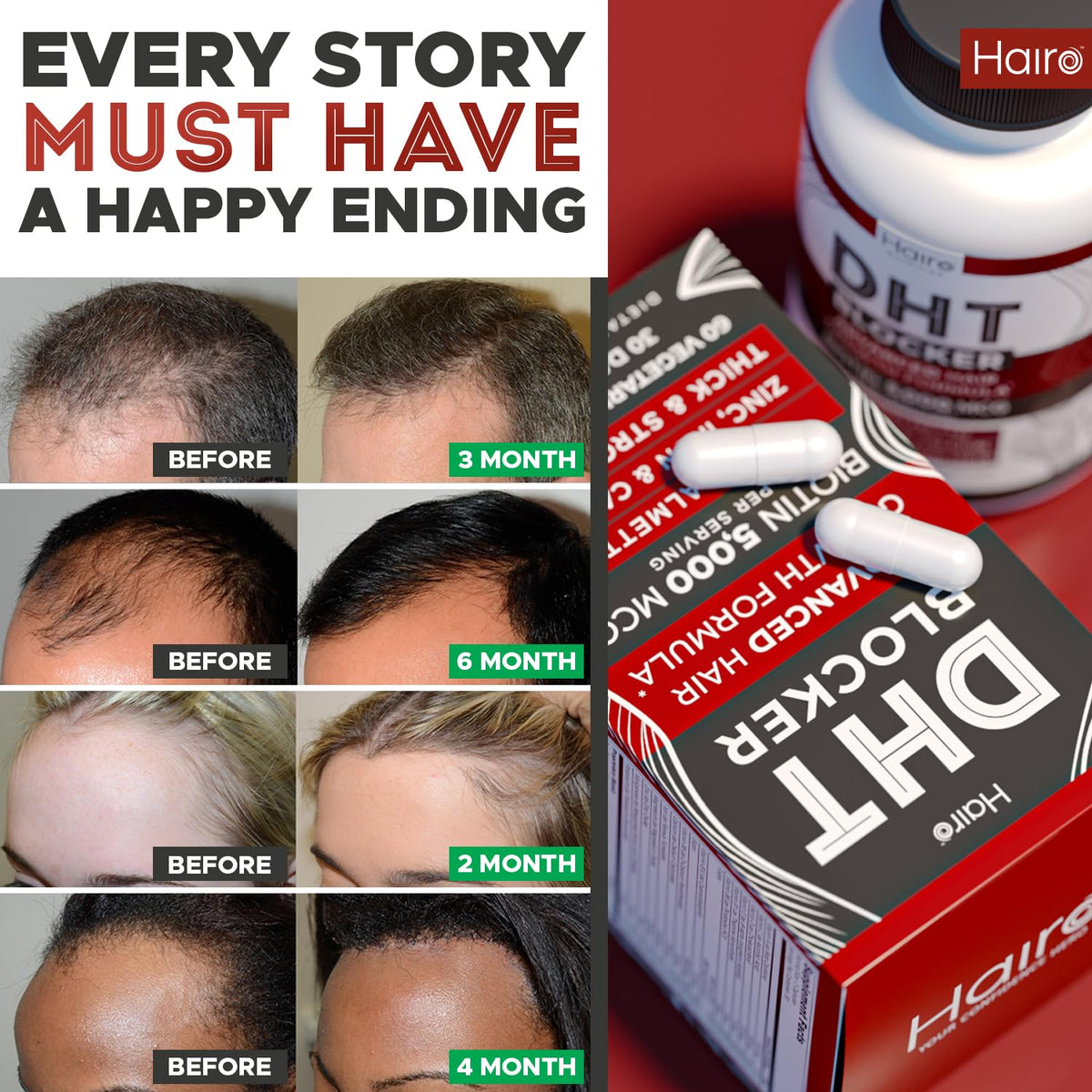Hairo Nutrition bottle beside sink in bathroom routine promoting consistent use