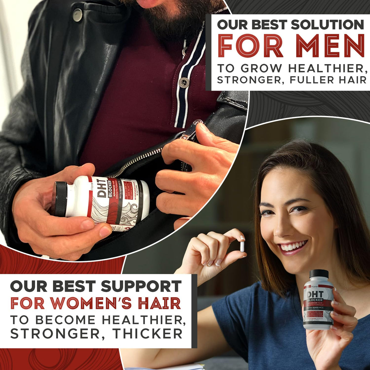 Hairo Nutrition before and after collage showing improved hair and stronger nails