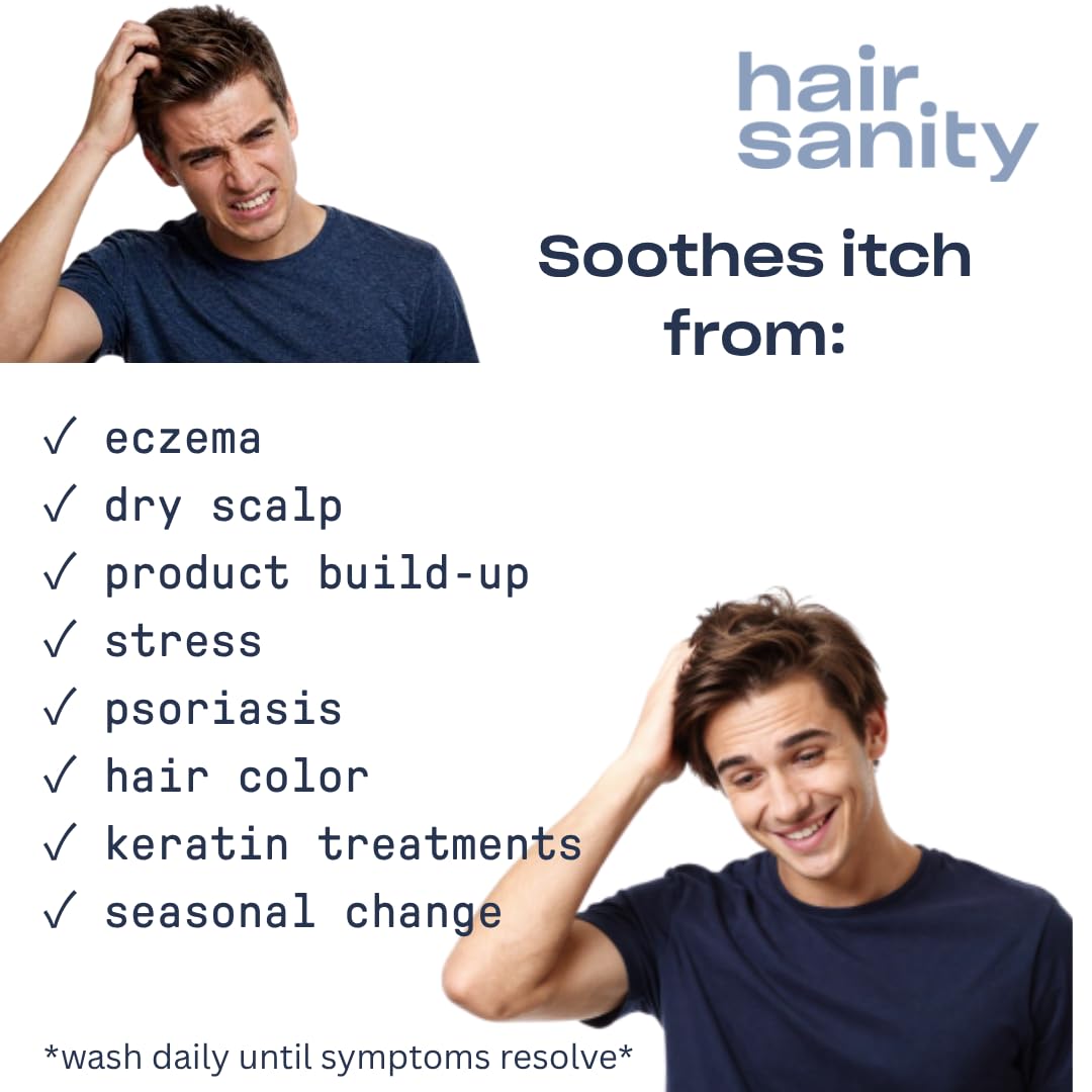 HAIRSANITY bottle beside hair color swatches showing safe use on treated hair