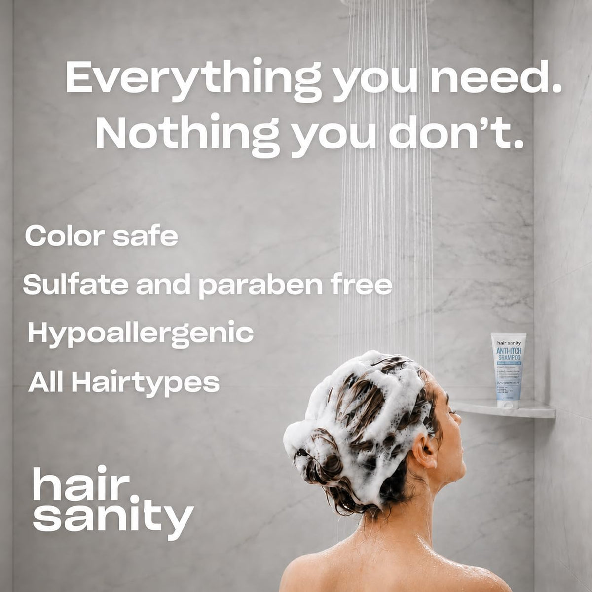 HAIRSANITY family using shampoo in bathroom highlighting safe use for ages 2 and up