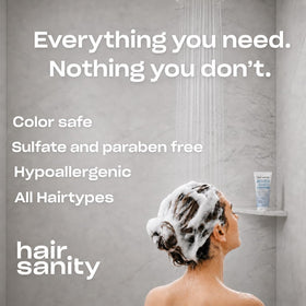 HAIRSANITY family using shampoo in bathroom highlighting safe use for ages 2 and up