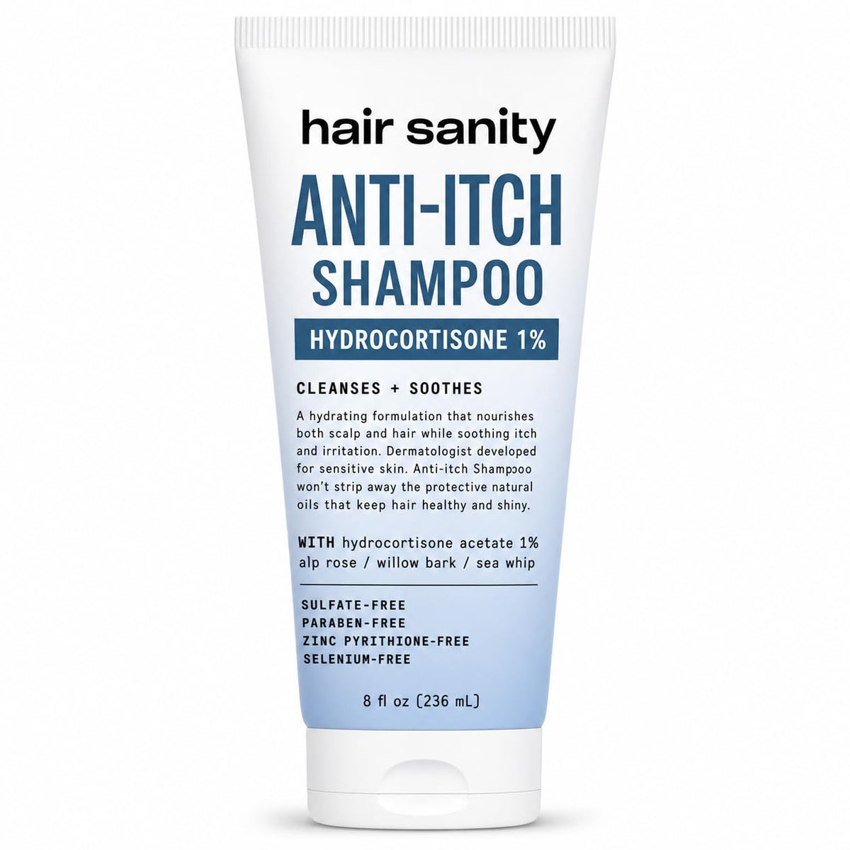 HAIRSANITY front bottle showing hydrocortisone 1% and color‑safe benefit
