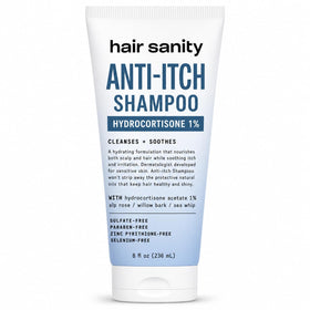 HAIRSANITY front bottle showing hydrocortisone 1% and color‑safe benefit