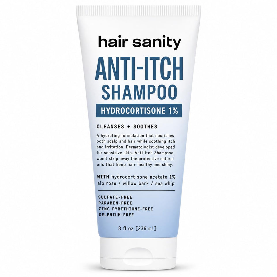 HAIRSANITY front bottle showing hydrocortisone 1% and color‑safe benefit