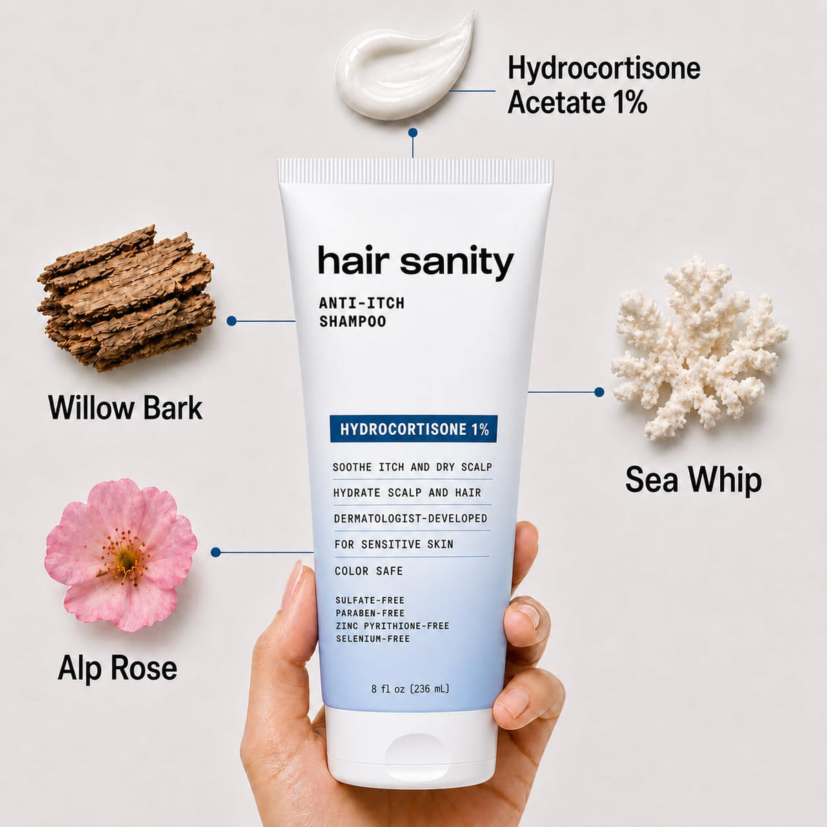 HAIRSANITY bottle next to standard objects to show 8 fl oz size and portability