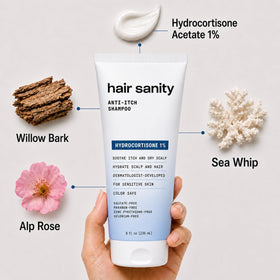 HAIRSANITY bottle next to standard objects to show 8 fl oz size and portability