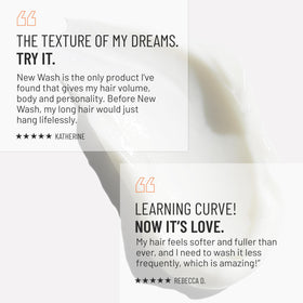 Hairstory New Wash on bathroom shelf with brush, lifestyle scene promoting daily-use convenience