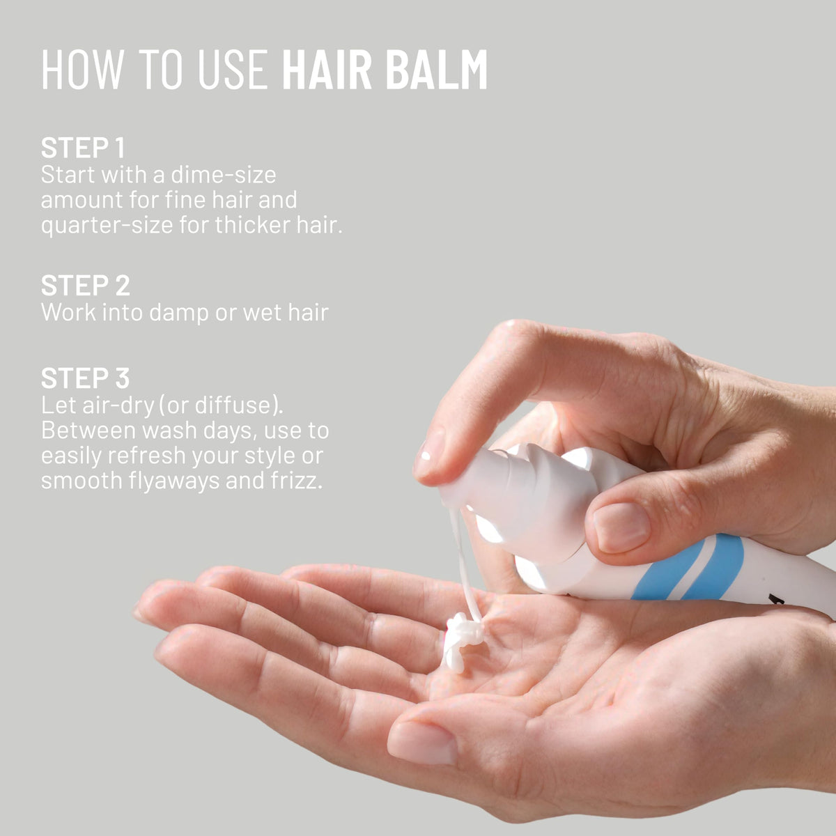 Hairstory Hair Balm being worked into damp hair for frizz control benefit