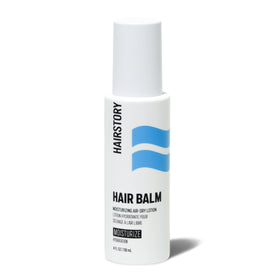 Hairstory Hair Balm front packaging showing product and 4 oz size benefits