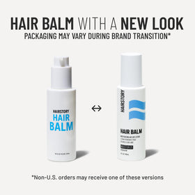 Hairstory Hair Balm styled on bathroom shelf in routine setting benefit